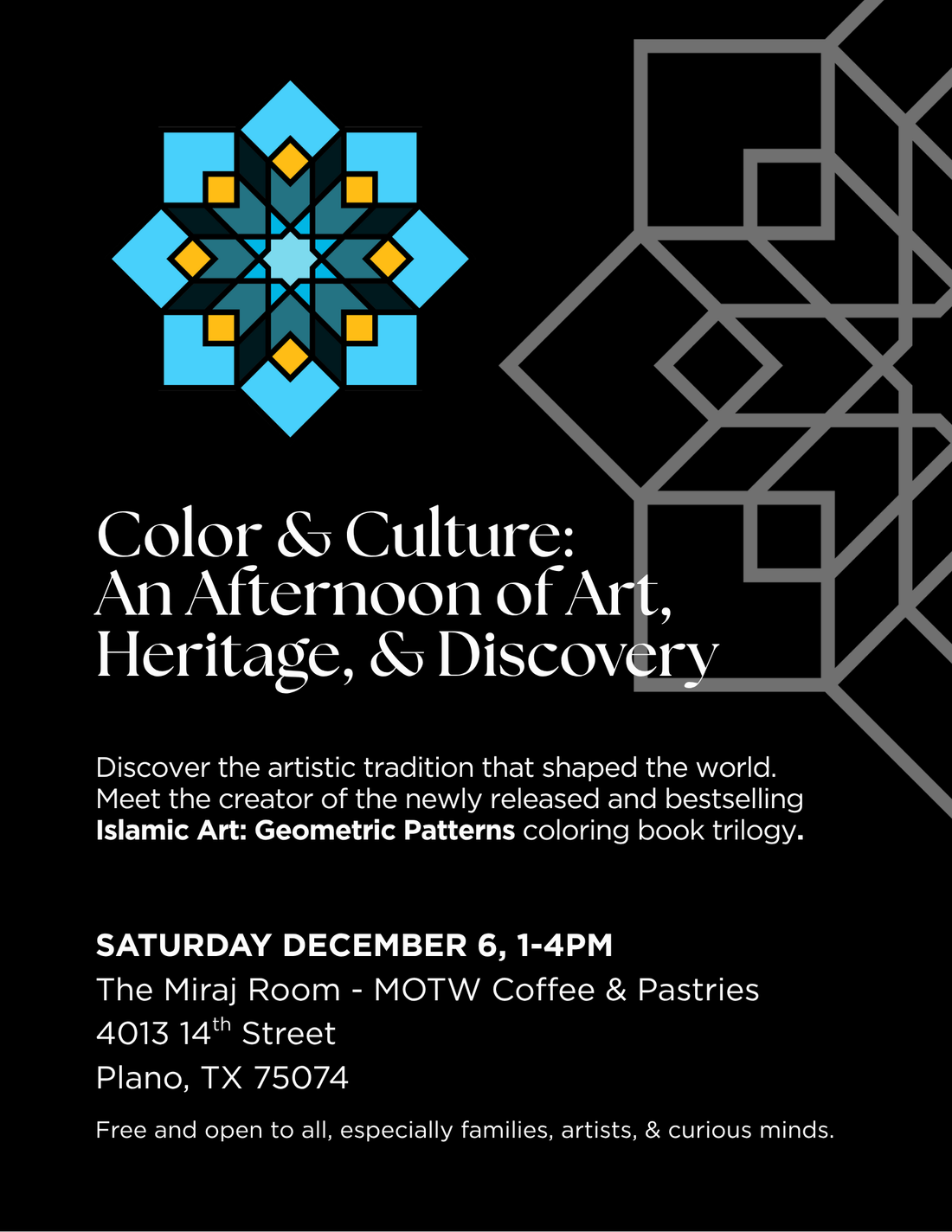 Invitation to book launch celebration on December 6th, 2025 for the Islamic Art: Geometric Patterns book series.